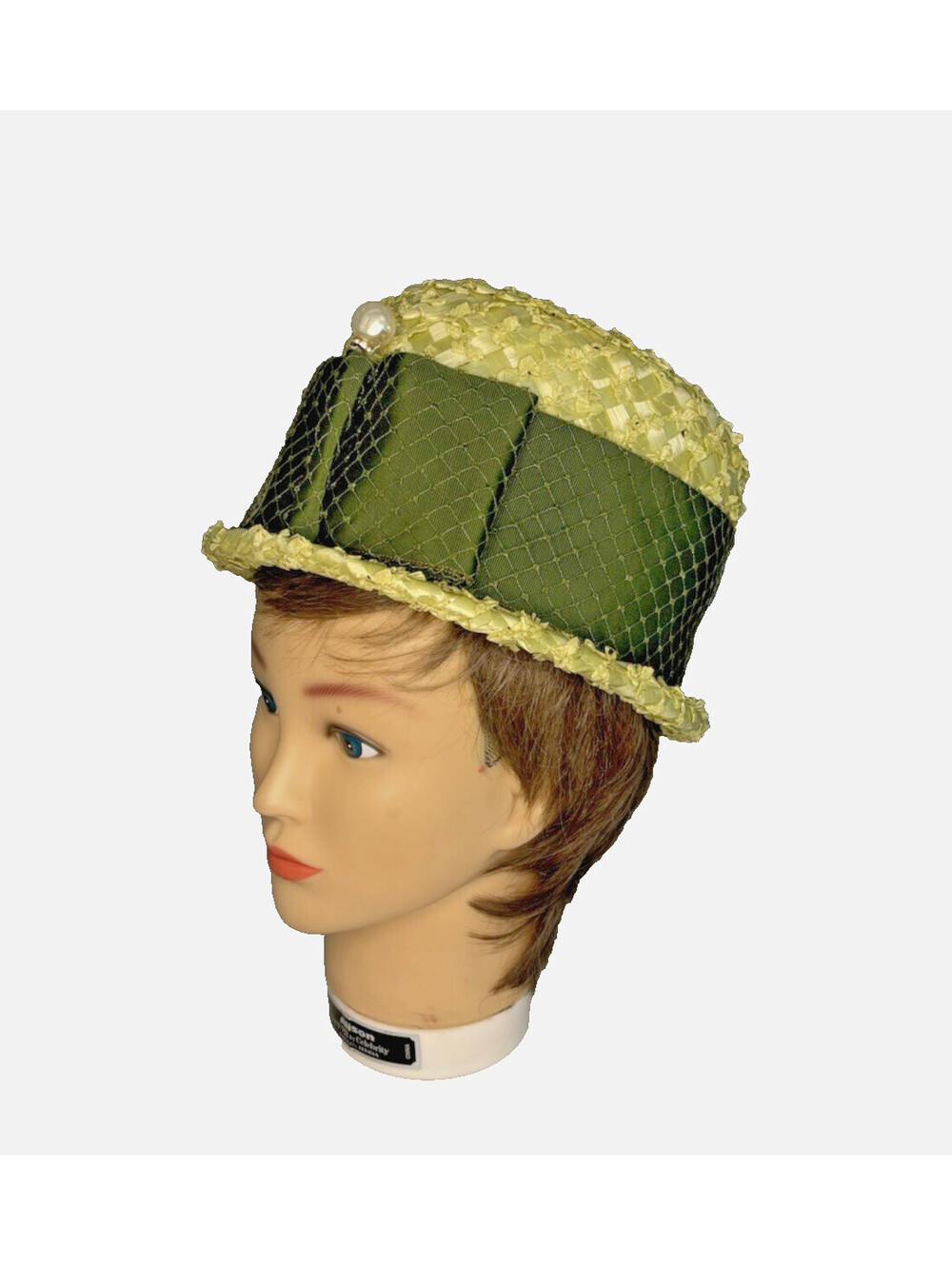 Vintage 1960's La Charme Women's Green Woven Pillbox Hat Ribbon Hat Pin 21" EUC